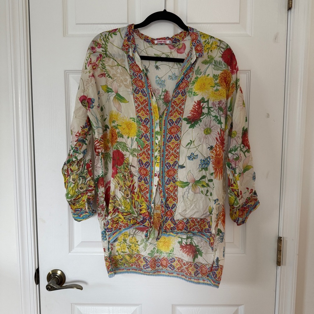 Johnny Was Silk white floral blouse XS